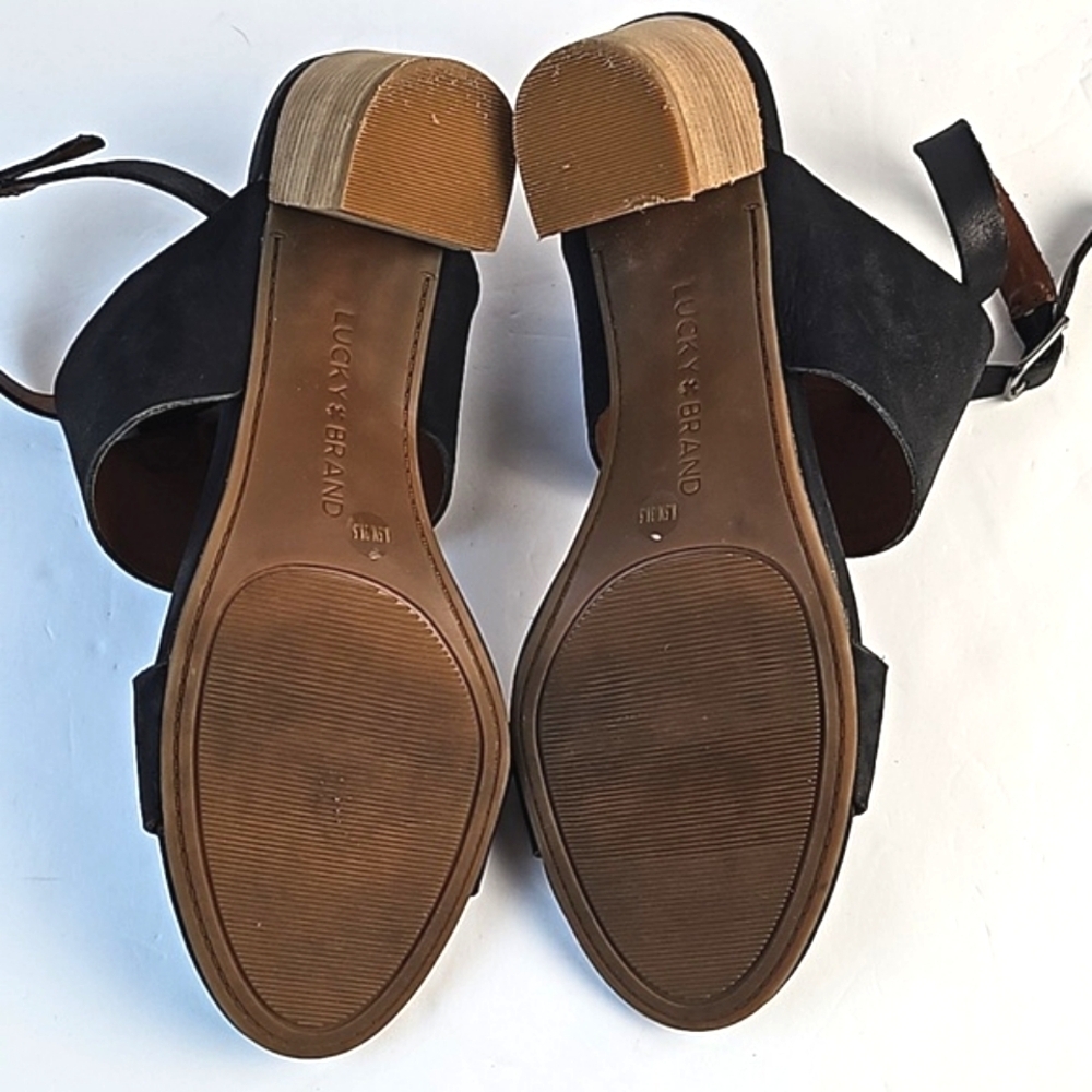 Lucky Brand Jodalee Black Leather Ankle Strap Wooden Stacked Block Heel Sandal - Picture 12 of 16